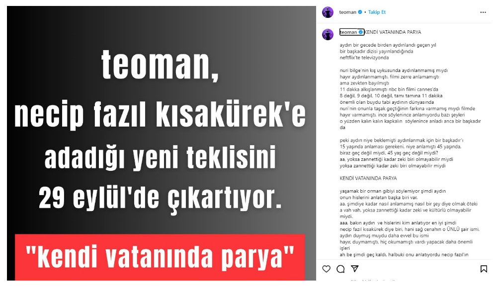 teoman yeni sarkisini necip fazil kisakurek e adadi